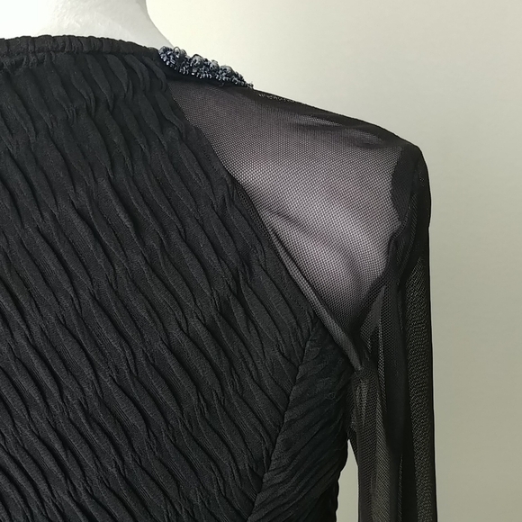 Donna Ricco Dress Black Size 2 Formal Textured Beaded Knee Length Mesh Sleeves - Picture 6 of 13